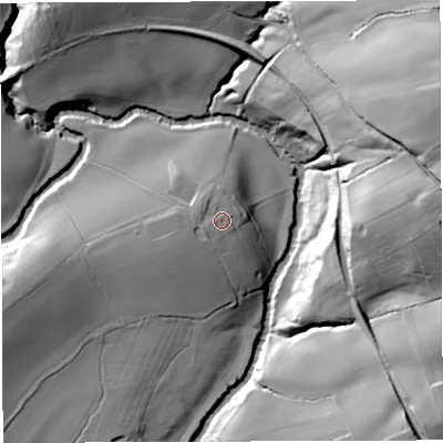 Shaded relief map of the ground around DY148ES, computed from Environment Agency LiDAR. The ground here sits at about 123 m above sea level and falls 50 m across the surrounding 800 m. Surface water reaching this point runs off ground lying to the west, 1.8 m higher.