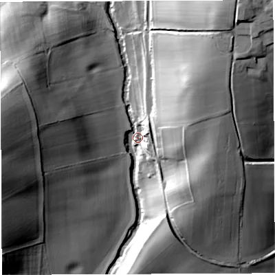 Shaded relief map of the ground around DY148EU, computed from Environment Agency LiDAR. The ground here sits at about 122 m above sea level and falls 40 m across the surrounding 800 m. Surface water reaching this point runs off ground lying to the north-east, 37.7 m higher.