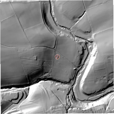 Shaded relief map of the ground around DY148EW, computed from Environment Agency LiDAR. The ground here sits at about 119 m above sea level and falls 55 m across the surrounding 800 m. Surface water reaching this point runs off ground lying to the west, 30.2 m higher.