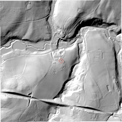 Shaded relief map of the ground around DY148NR, computed from Environment Agency LiDAR. The ground here sits at about 89 m above sea level and falls 57 m across the surrounding 800 m. Surface water reaching this point runs off ground lying to the south-south-west, 1.3 m higher.