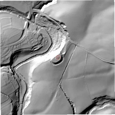 Shaded relief map of the ground around DY148PH, computed from Environment Agency LiDAR. The ground here sits at about 131 m above sea level and falls 60 m across the surrounding 800 m. Surface water reaching this point runs off ground lying to the south-east, 1.2 m higher.
