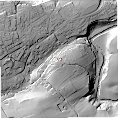Shaded relief map of the ground around DY148QE, computed from Environment Agency LiDAR. The ground here sits at about 124 m above sea level and falls 62 m across the surrounding 800 m. Surface water reaching this point runs off ground lying to the south-south-west, 10.3 m higher.