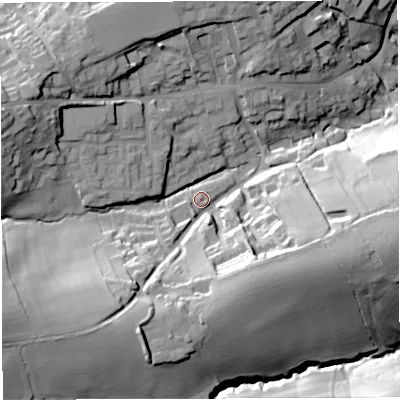 Shaded relief map of the ground around DY148RB, computed from Environment Agency LiDAR. The ground here sits at about 134 m above sea level and falls 41 m across the surrounding 800 m. Surface water reaching this point runs off ground lying to the south-west, 26.5 m higher.