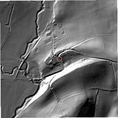 Shaded relief map of the ground around DY148RR, computed from Environment Agency LiDAR. The ground here sits at about 152 m above sea level and falls 55 m across the surrounding 800 m. Surface water reaching this point runs off ground lying to the north-east, 10.5 m higher.
