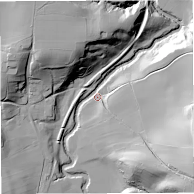 Shaded relief map of the ground around DY149AA, computed from Environment Agency LiDAR. The ground here sits at about 67 m above sea level and falls 46 m across the surrounding 800 m. Surface water reaching this point runs off ground lying to the east-south-east, 45.6 m higher.