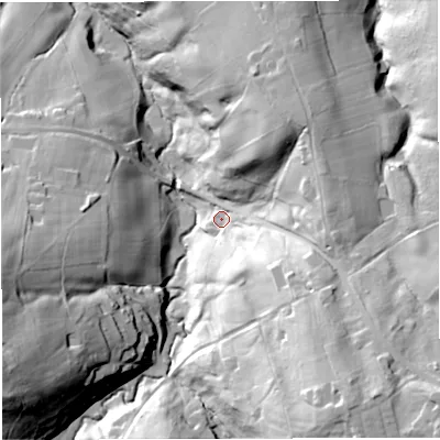 Shaded relief map of the ground around DY149AF, computed from Environment Agency LiDAR. The ground here sits at about 103 m above sea level and falls 60 m across the surrounding 800 m. Surface water reaching this point runs off ground lying to the south-east, 49.2 m higher.