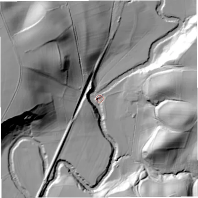 Shaded relief map of the ground around DY149AH, computed from Environment Agency LiDAR. The ground here sits at about 63 m above sea level and falls 48 m across the surrounding 800 m. Surface water reaching this point runs off ground lying to the north-west, 45.6 m higher.