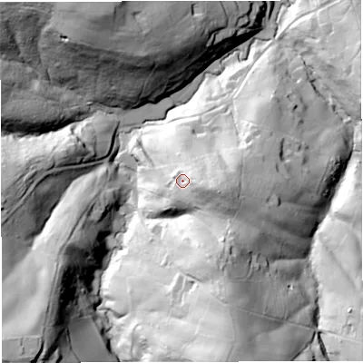 Shaded relief map of the ground around DY149DP, computed from Environment Agency LiDAR. The ground here sits at about 136 m above sea level and falls 67 m across the surrounding 800 m. Surface water reaching this point runs off ground lying to the east-south-east, 17.6 m higher.