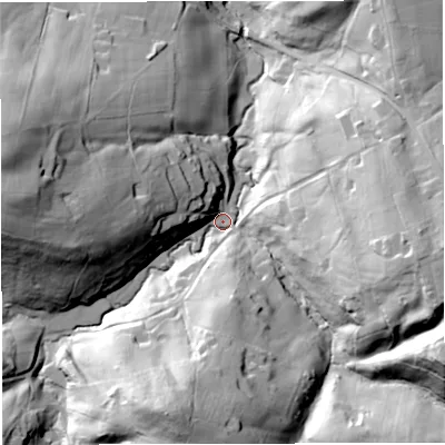 Shaded relief map of the ground around DY149DS, computed from Environment Agency LiDAR. The ground here sits at about 103 m above sea level and falls 60 m across the surrounding 800 m. Surface water reaching this point runs off ground lying to the south-south-west, 50.6 m higher.