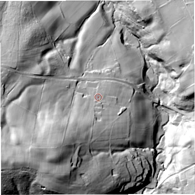 Shaded relief map of the ground around DY149DX, computed from Environment Agency LiDAR. The ground here sits at about 118 m above sea level and falls 68 m across the surrounding 800 m. Surface water reaching this point runs off ground lying to the south-south-west, 23.5 m higher.