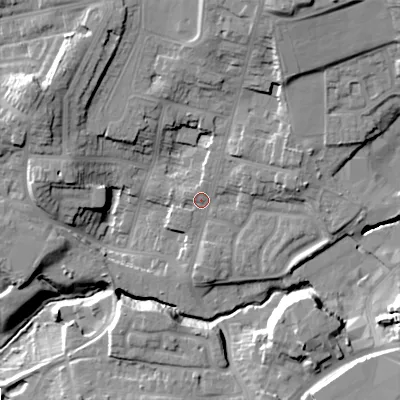 Shaded relief map of the ground around DY20DJ, computed from Environment Agency LiDAR. The ground here sits at about 99 m above sea level and falls 29 m across the surrounding 800 m. Surface water reaching this point runs off ground lying to the north-north-east, 17.3 m higher.