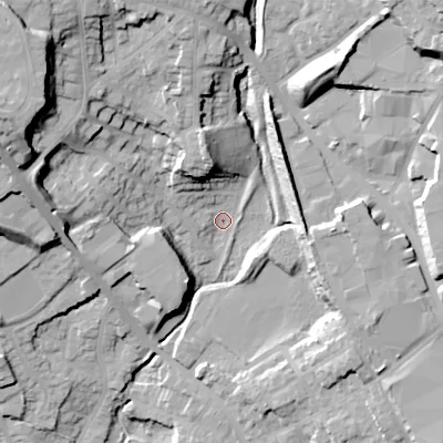 Shaded relief map of the ground around DY29LT, computed from Environment Agency LiDAR. The ground here sits at about 113 m above sea level and falls 35 m across the surrounding 800 m. Surface water reaching this point runs off ground lying to the north-north-west, 14.4 m higher.