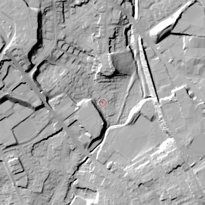 Shaded relief map of the ground around DY29LW, computed from Environment Agency LiDAR. The ground here sits at about 114 m above sea level and falls 36 m across the surrounding 800 m. Surface water reaching this point runs off ground lying to the west-north-west, 27.0 m higher.
