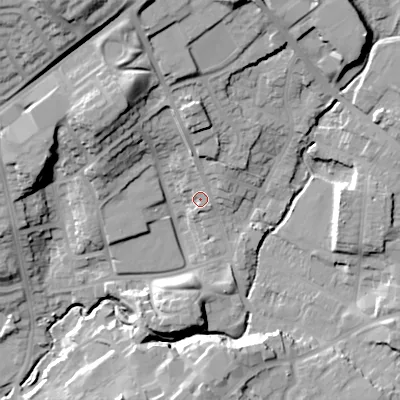Shaded relief map of the ground around DY29NA, computed from Environment Agency LiDAR. The ground here sits at about 109 m above sea level and falls 35 m across the surrounding 800 m. Surface water reaching this point runs off ground lying to the north, 16.6 m higher.