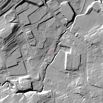 Shaded relief map of the ground around DY29NG, computed from Environment Agency LiDAR. The ground here sits at about 109 m above sea level and falls 34 m across the surrounding 800 m. Surface water reaching this point runs off ground lying to the north-north-west, 23.3 m higher.