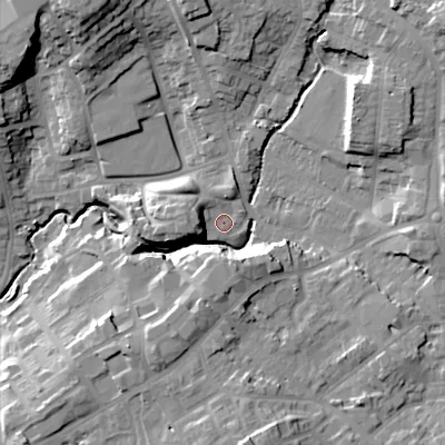 Shaded relief map of the ground around DY29NL, computed from Environment Agency LiDAR. The ground here sits at about 107 m above sea level and falls 26 m across the surrounding 800 m. Surface water reaching this point runs off ground lying to the south, 17.4 m higher.