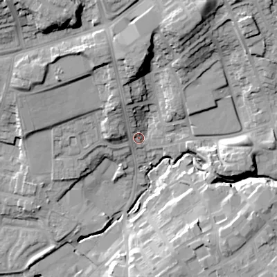 Shaded relief map of the ground around DY29SN, computed from Environment Agency LiDAR. The ground here sits at about 104 m above sea level and falls 30 m across the surrounding 800 m. Surface water reaching this point runs off ground lying to the north-north-east, 20.4 m higher.