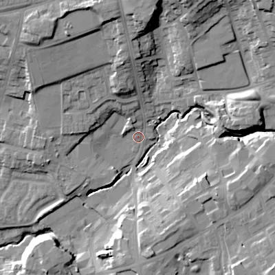 Shaded relief map of the ground around DY29SW, computed from Environment Agency LiDAR. The ground here sits at about 100 m above sea level and falls 28 m across the surrounding 800 m. Surface water reaching this point runs off ground lying to the north-north-west, 20.2 m higher.