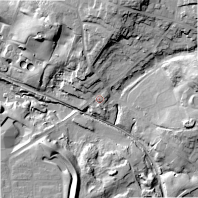 Shaded relief map of the ground around DY32RP, computed from Environment Agency LiDAR. The ground here sits at about 105 m above sea level and falls 42 m across the surrounding 800 m. Surface water reaching this point runs off ground lying to the north-north-east, 24.5 m higher.