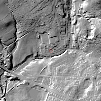 Shaded relief map of the ground around DY32UP, computed from Environment Agency LiDAR. The ground here sits at about 103 m above sea level and falls 65 m across the surrounding 800 m. Surface water reaching this point runs off ground lying to the north-north-east, 6.3 m higher.