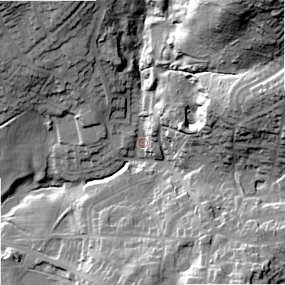 Shaded relief map of the ground around DY32UW, computed from Environment Agency LiDAR. The ground here sits at about 105 m above sea level and falls 74 m across the surrounding 800 m. Surface water reaching this point runs off ground lying to the north-east, 60.3 m higher.