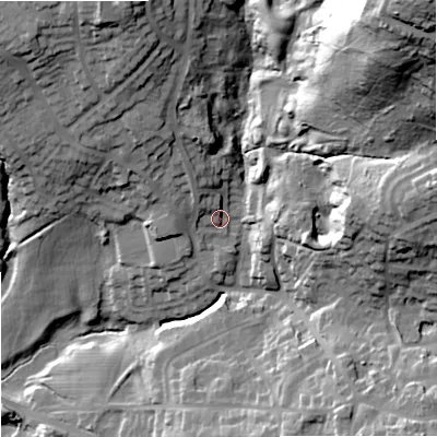 Shaded relief map of the ground around DY33ES, computed from Environment Agency LiDAR. The ground here sits at about 109 m above sea level and falls 83 m across the surrounding 800 m. Surface water reaching this point runs off ground lying to the north-north-west, 12.8 m higher.