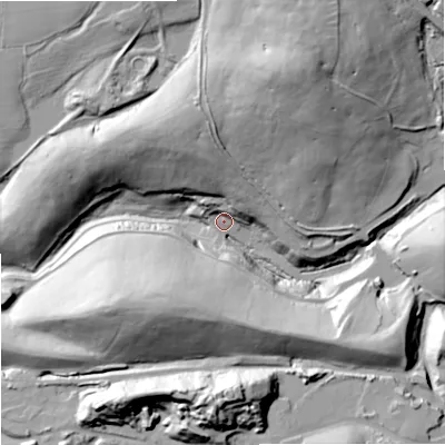 Shaded relief map of the ground around DY34DA, computed from Environment Agency LiDAR. The ground here sits at about 82 m above sea level and falls 47 m across the surrounding 800 m. Surface water reaching this point runs off ground lying to the north-north-east, 45.1 m higher.