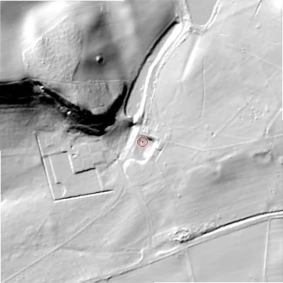 Shaded relief map of the ground around DY34DF, computed from Environment Agency LiDAR. The ground here sits at about 93 m above sea level and falls 50 m across the surrounding 800 m. Surface water reaching this point runs off ground lying to the east, 17.4 m higher.