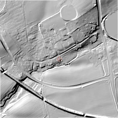 Shaded relief map of the ground around DY34LG, computed from Environment Agency LiDAR. The ground here sits at about 77 m above sea level and falls 25 m across the surrounding 800 m. Surface water reaching this point runs off ground lying to the north-east, 20.1 m higher.