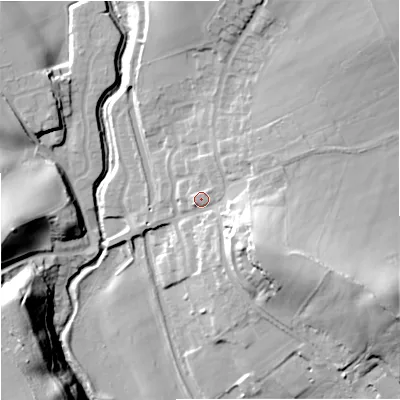 Shaded relief map of the ground around DY34NP, computed from Environment Agency LiDAR. The ground here sits at about 70 m above sea level and falls 30 m across the surrounding 800 m. Surface water reaching this point runs off ground lying to the east-south-east, 13.5 m higher.
