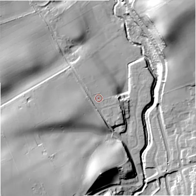 Shaded relief map of the ground around DY34PG, computed from Environment Agency LiDAR. The ground here sits at about 72 m above sea level and falls 34 m across the surrounding 800 m. Surface water reaching this point runs off ground lying to the west-south-west, 13.6 m higher.