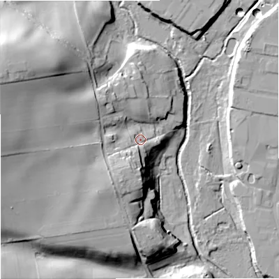 Shaded relief map of the ground around DY34PL, computed from Environment Agency LiDAR. The ground here sits at about 74 m above sea level and falls 32 m across the surrounding 800 m. Surface water reaching this point runs off ground lying to the south-south-west, 10.4 m higher.