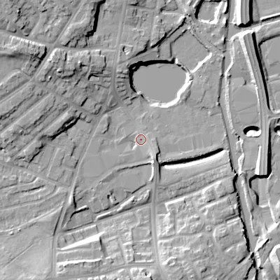 Shaded relief map of the ground around DY40HG, computed from Environment Agency LiDAR. The ground here sits at about 125 m above sea level and falls 18 m across the surrounding 800 m. Surface water reaching this point runs off ground lying to the south, 11.1 m higher.