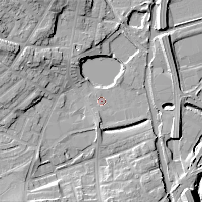 Shaded relief map of the ground around DY40HH, computed from Environment Agency LiDAR. The ground here sits at about 124 m above sea level and falls 17 m across the surrounding 800 m. Surface water reaching this point runs off ground lying to the south, 9.2 m higher.