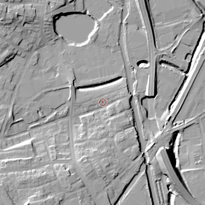 Shaded relief map of the ground around DY40HL, computed from Environment Agency LiDAR. The ground here sits at about 125 m above sea level and falls 19 m across the surrounding 800 m. Surface water reaching this point runs off ground lying to the south-south-west, 11.3 m higher.