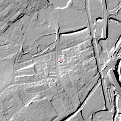 Shaded relief map of the ground around DY40HP, computed from Environment Agency LiDAR. The ground here sits at about 125 m above sea level and falls 18 m across the surrounding 800 m. Surface water reaching this point runs off ground lying to the south, 11.3 m higher.