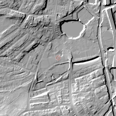 Shaded relief map of the ground around DY40HR, computed from Environment Agency LiDAR. The ground here sits at about 125 m above sea level and falls 18 m across the surrounding 800 m. Surface water reaching this point runs off ground lying to the south-south-east, 11.4 m higher.