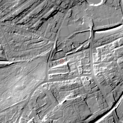 Shaded relief map of the ground around DY40JD, computed from Environment Agency LiDAR. The ground here sits at about 125 m above sea level and falls 19 m across the surrounding 800 m. Surface water reaching this point runs off ground lying to the south-south-east, 12.4 m higher.