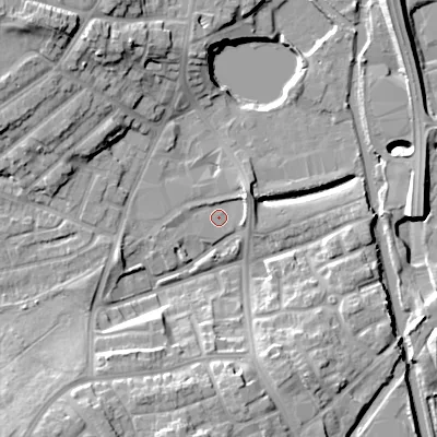 Shaded relief map of the ground around DY40JF, computed from Environment Agency LiDAR. The ground here sits at about 125 m above sea level and falls 17 m across the surrounding 800 m. Surface water reaching this point runs off ground lying to the south-west, 12.6 m higher.