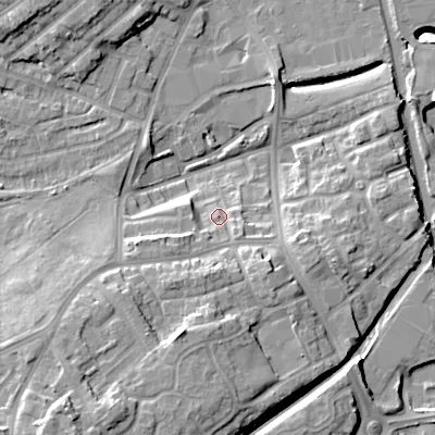 Shaded relief map of the ground around DY40JG, computed from Environment Agency LiDAR. The ground here sits at about 128 m above sea level and falls 20 m across the surrounding 800 m. Surface water reaching this point runs off ground lying to the south, 9.1 m higher.
