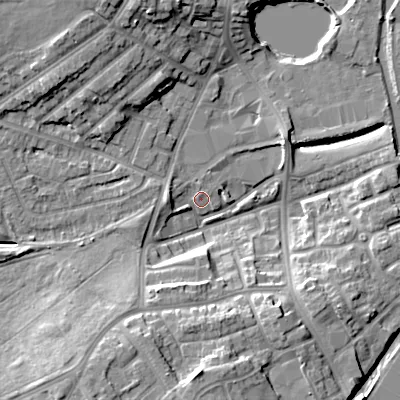 Shaded relief map of the ground around DY40JJ, computed from Environment Agency LiDAR. The ground here sits at about 125 m above sea level and falls 17 m across the surrounding 800 m. Surface water reaching this point runs off ground lying to the south, 14.9 m higher.