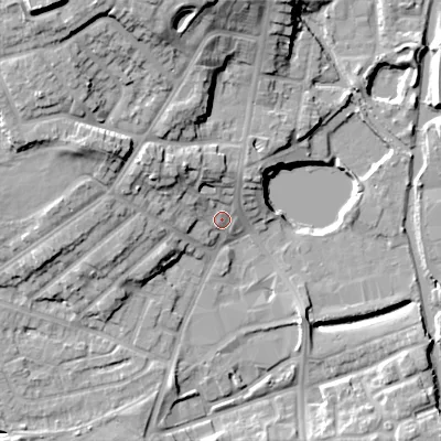 Shaded relief map of the ground around DY40JN, computed from Environment Agency LiDAR. The ground here sits at about 126 m above sea level and falls 24 m across the surrounding 800 m. Surface water reaching this point runs off ground lying to the north-west, 8.3 m higher.