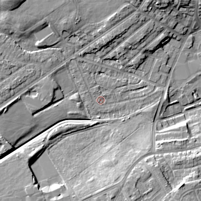 Shaded relief map of the ground around DY40JZ, computed from Environment Agency LiDAR. The ground here sits at about 126 m above sea level and falls 14 m across the surrounding 800 m. Surface water reaching this point runs off ground lying to the north-west, 10.6 m higher.