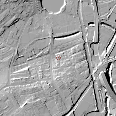 Shaded relief map of the ground around DY40LD, computed from Environment Agency LiDAR. The ground here sits at about 126 m above sea level and falls 18 m across the surrounding 800 m. Surface water reaching this point runs off ground lying to the south-south-west, 11.3 m higher.