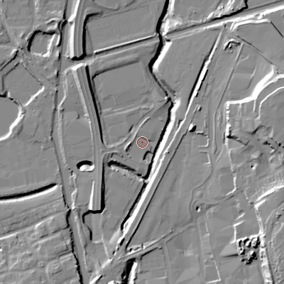 Shaded relief map of the ground around DY40WP, computed from Environment Agency LiDAR. The ground here sits at about 124 m above sea level and falls 23 m across the surrounding 800 m. Surface water reaching this point runs off ground lying to the west-south-west, 1.9 m higher.