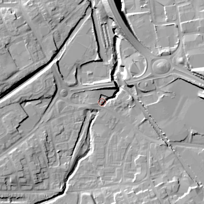Shaded relief map of the ground around DY47AX, computed from Environment Agency LiDAR. The ground here sits at about 125 m above sea level and falls 17 m across the surrounding 800 m. Surface water reaching this point runs off ground lying to the east, 12.8 m higher.