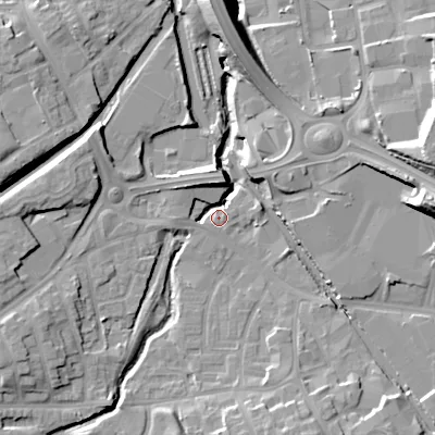 Shaded relief map of the ground around DY47AY, computed from Environment Agency LiDAR. The ground here sits at about 126 m above sea level and falls 20 m across the surrounding 800 m. Surface water reaching this point runs off ground lying to the east, 17.2 m higher.