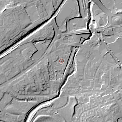 Shaded relief map of the ground around DY47EP, computed from Environment Agency LiDAR. The ground here sits at about 127 m above sea level and falls 17 m across the surrounding 800 m. Surface water reaching this point runs off ground lying to the west, 1.3 m higher.