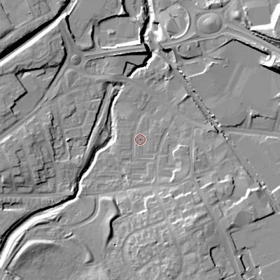 Shaded relief map of the ground around DY47ER, computed from Environment Agency LiDAR. The ground here sits at about 126 m above sea level and falls 19 m across the surrounding 800 m. Surface water reaching this point runs off ground lying to the south-south-east, 9.8 m higher.