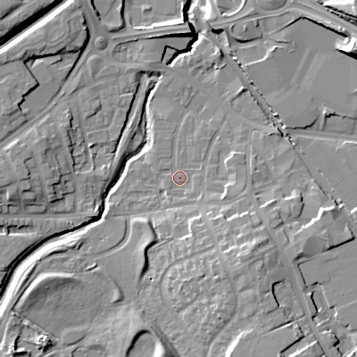 Shaded relief map of the ground around DY47ES, computed from Environment Agency LiDAR. The ground here sits at about 126 m above sea level and falls 18 m across the surrounding 800 m. Surface water reaching this point runs off ground lying to the south-east, 9.7 m higher.